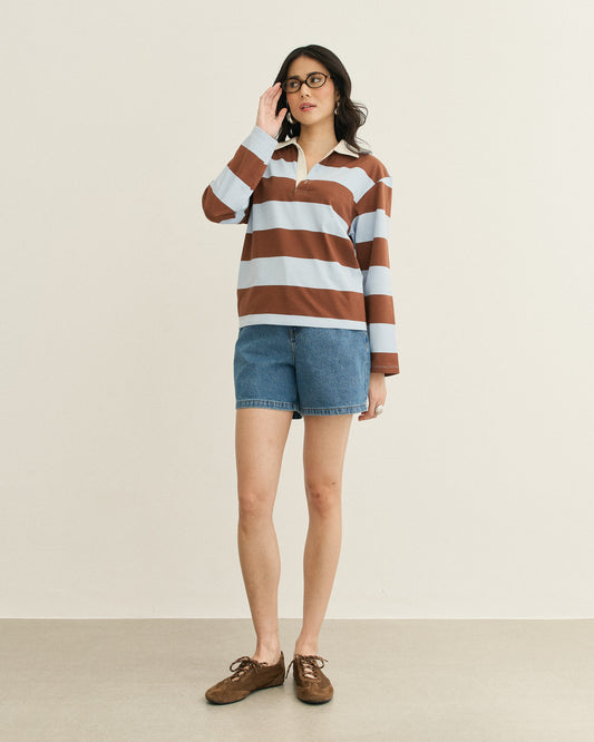 BLUSA POLO MANGA LONGA LISTRADA LISTRA MARROM C/ AZUL