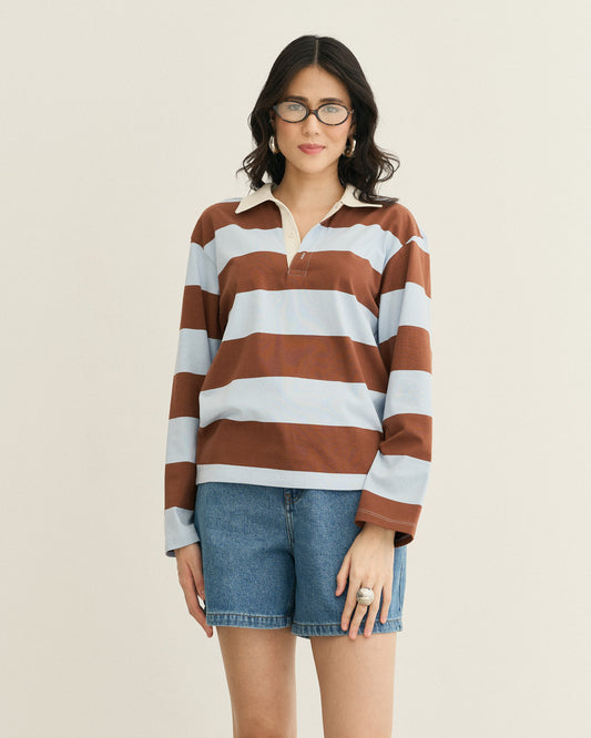 BLUSA POLO MANGA LONGA LISTRADA LISTRA MARROM C/ AZUL