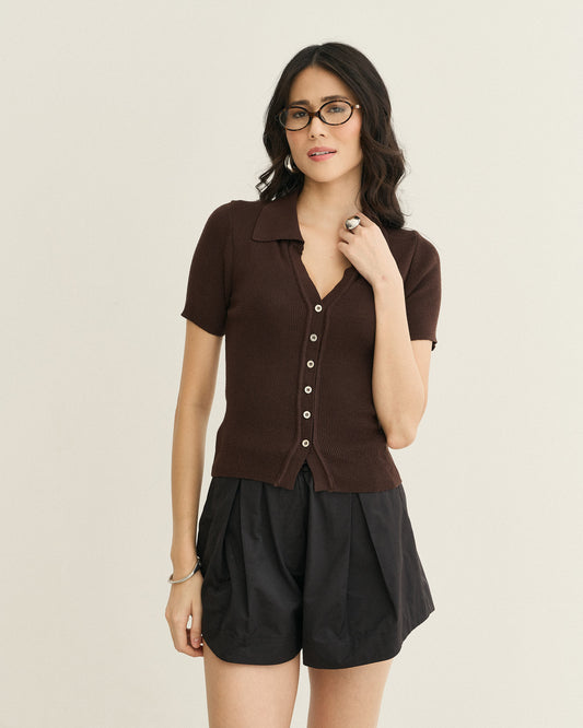 BLUSA POLO TRICOT MANGA CURTA MARROM