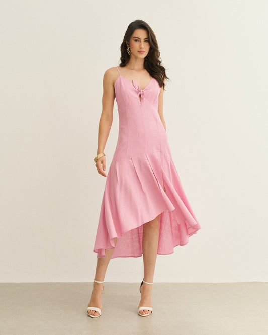 VESTIDO COM AMARRAÇÃO BARRA ASSIMÉTRICA ROSA