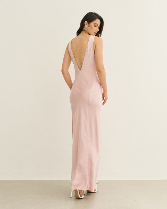 VESTIDO LONGO DECOTE V COSTA ROSA