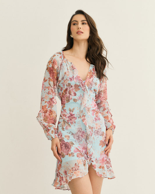 VESTIDO CURTO BABADOS MANGA LONGA ESTAMPA FLORAL FUNDO AZUL