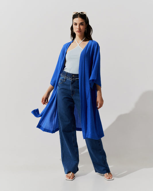 Blusa Kimono Recortes Branco AZUL