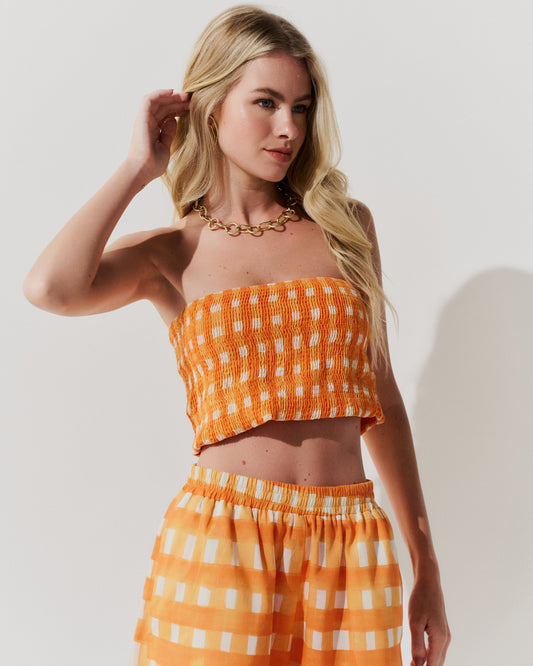 TOP XADREZ SEM ALÇA LARANJA