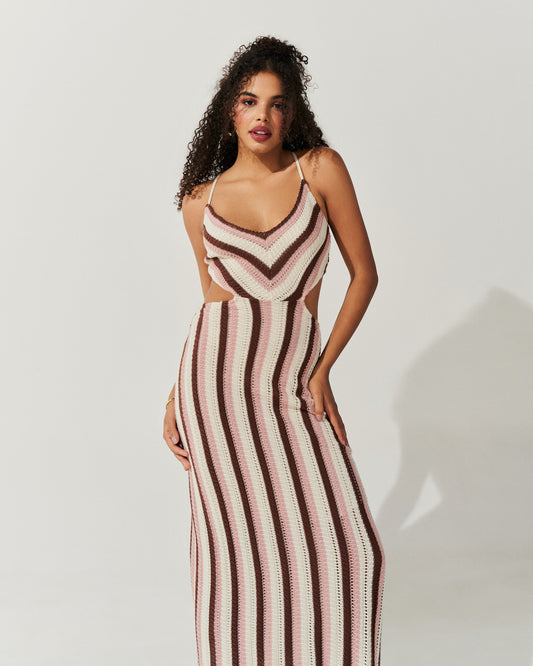 Vestido Tricot Midi Recortes BEGE