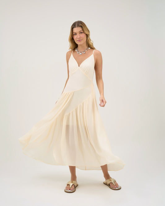 VESTIDO MIDI COM SOBREPOSIÇÃO OFF WHITE