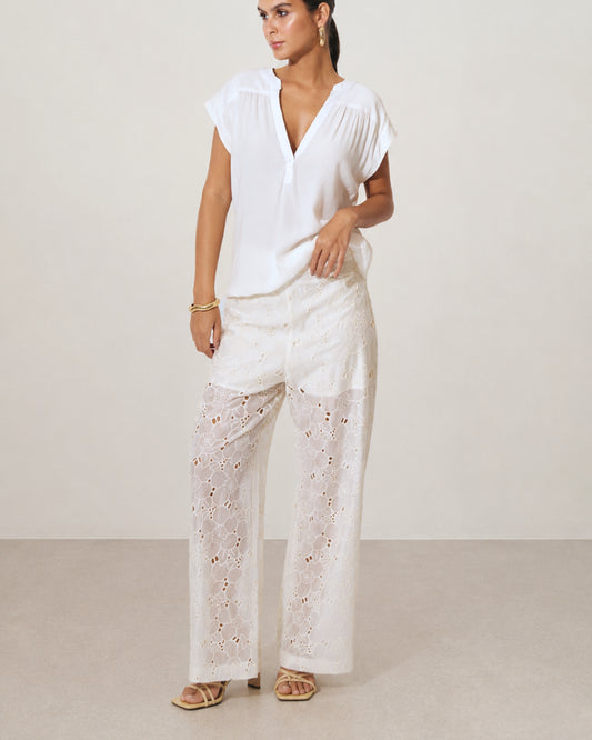 CALÇA BORDADO FLORAL OFF WHITE
