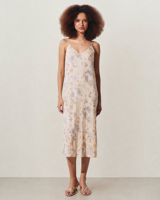VESTIDO MIDI COSTAS DEGAGÊ BEGE